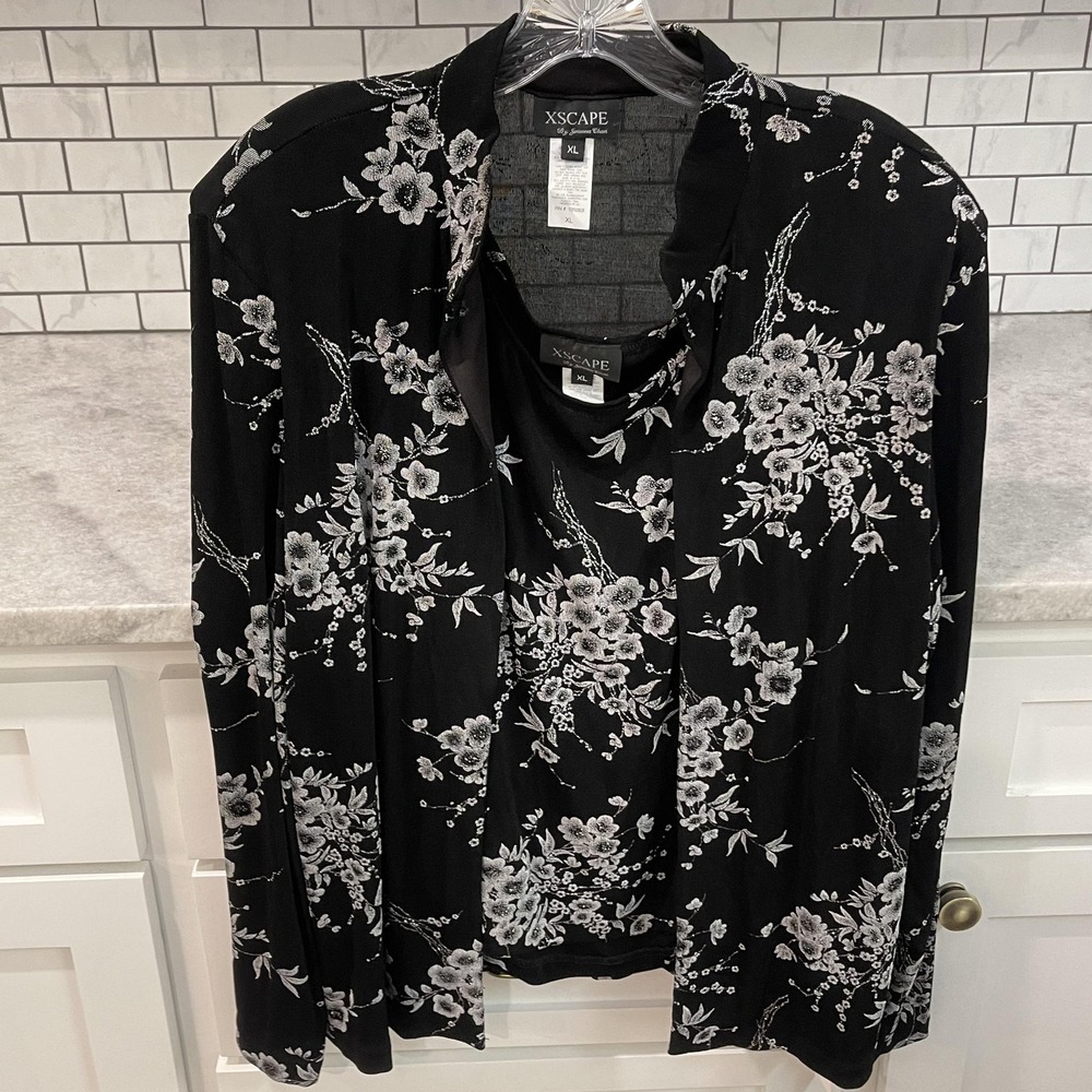 Xscape Joanna Chen Cardigan Set Womens XL Black Floral Formal Evening Sparkly